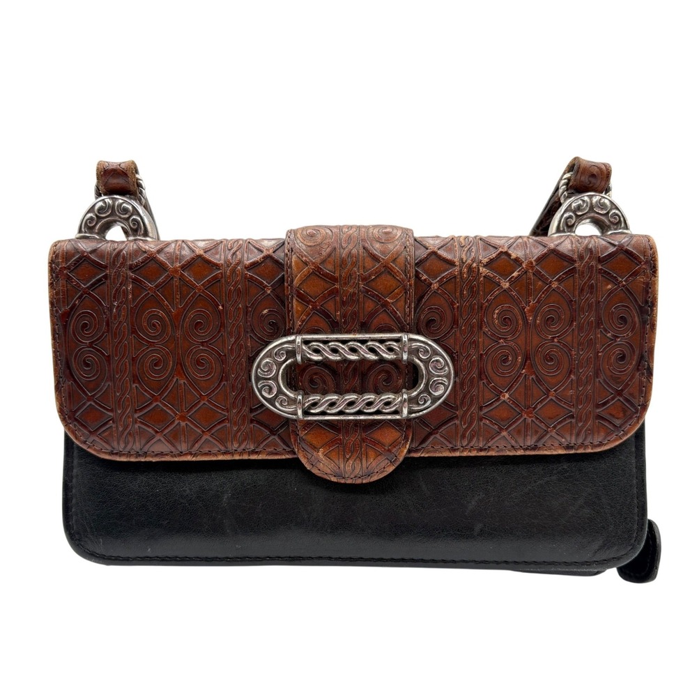 Brighton Crossbody Organizer Bag Womens Small‎ Black Brown Good Tooled Leather
